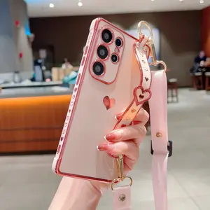 Electroplated Solid Heart Phone Case Cover with Lanyard and Wrist Strap, Portable, Protective for Samsung Galaxy S26 S25 S24 S23 S22 S20fe S21 Ultra S22 Plus Accessories