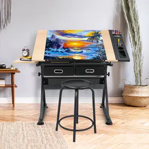 JupiterForce Drafting Drawing Table Tiltable Tabletop, Adjustable Height, Edge Stopper