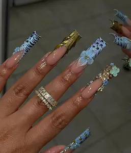 Terra Nails – 3D Baby Blue Nail Art | Rhinestone & Flower Art | Trendy Y2K Press Ons | Handmade Glam Press Ons | Luxury Y2K Nails