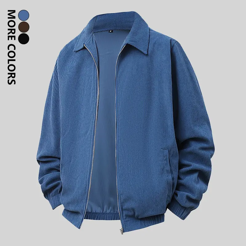 Plus Size Men's Spring & Autumn Corduroy Lapel Long Sleeve Zipper Jacket Trendy Casual Daily Wear