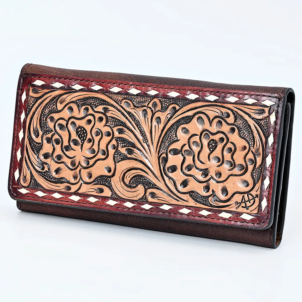 American Darling Wallet Bag Western Hand-Tooled Genuine Leather Clutch with Buck Stitching and Floral Carving