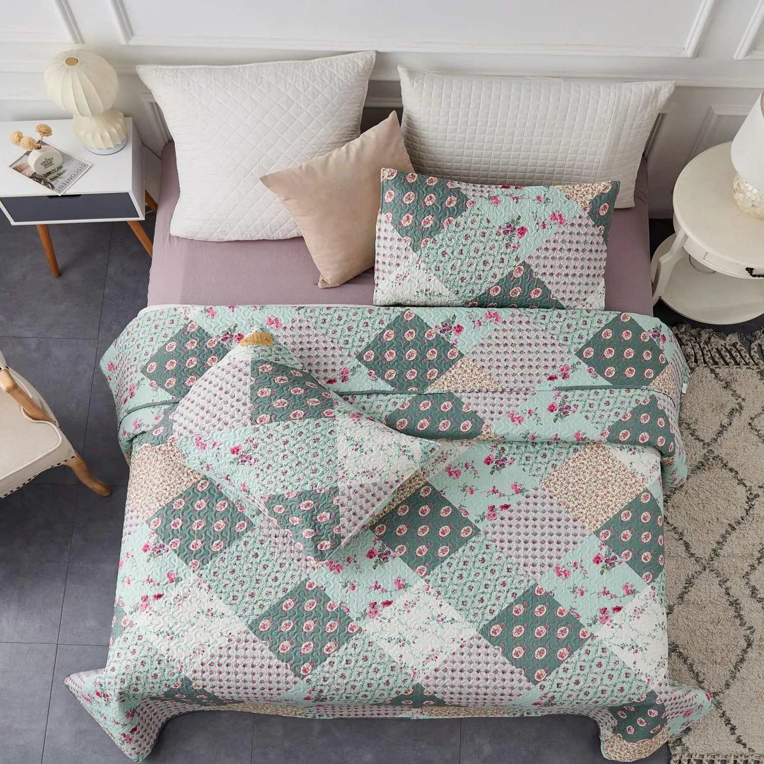 JML 3-Piece Decorative Bedding Set - Contemporary, Colorful Blocky Floral Allover Print Quilt, Brushed Microfiber Blanket, 88"x92" Cozy All-Season Breathable Lightweight Bedspread, Contemporary Quilts, Colorful Blocky Quilts