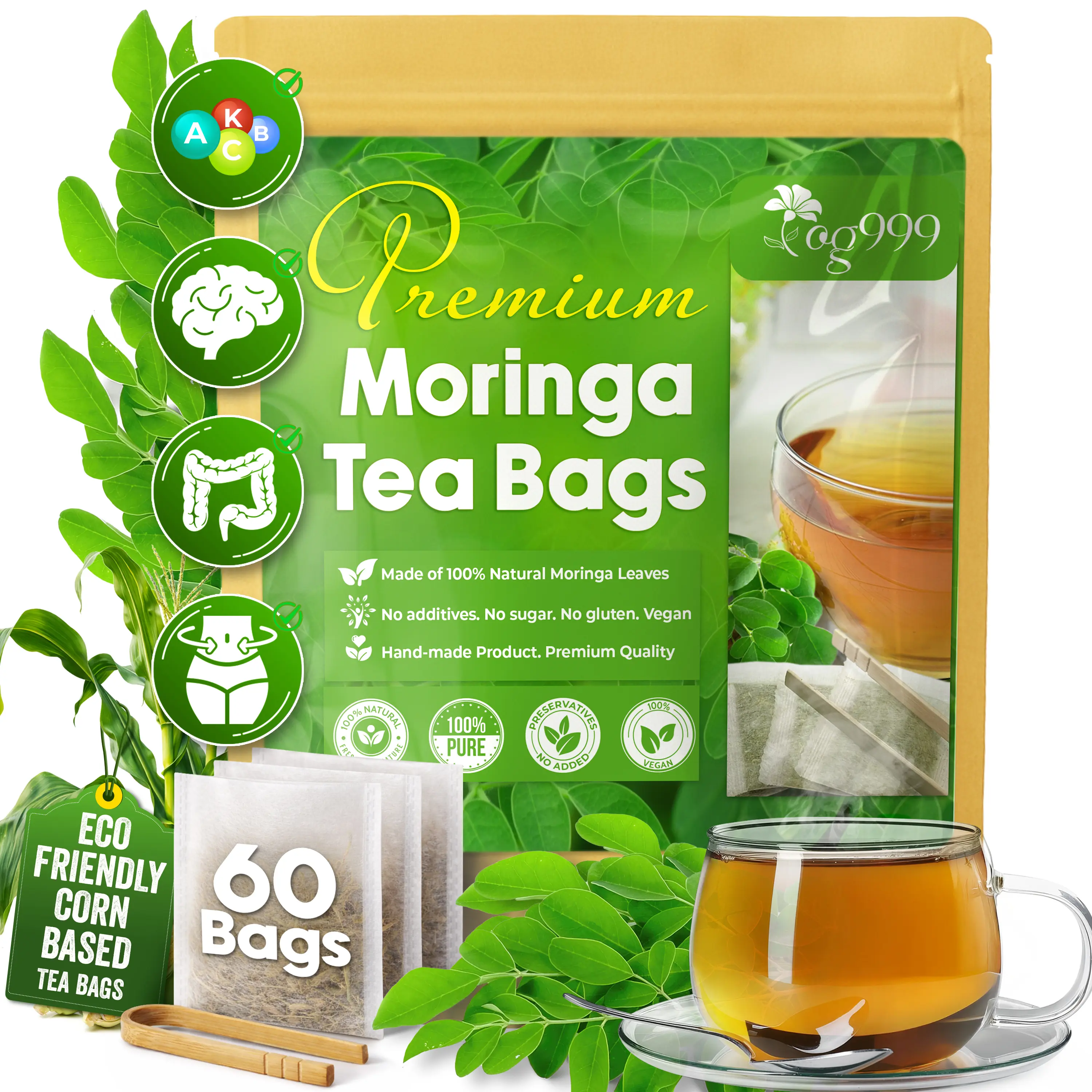 【FreshDrinkUS】 Moringa Leaf Tea Bags, 100% Natural & Pure from Moringa Leaves. Loose Leaf Moringa Herbal Tea. Moringa Leaf Tea. No Sugar, No Caffeine, No Gluten, Vegan. Beverage
