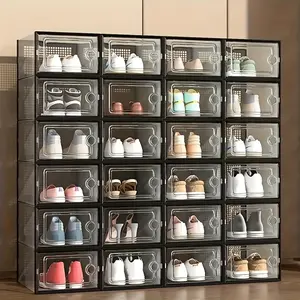 12/24pcs Large Capacity Thickened Transparent Plastic Shoe Boxes with Clip-On Lid - Foldable, Stackable, Space-Saving Storage Organizer for Multipurpose Use In Entryway, Bedroom, Home, Dorm, Etc - Easy to Assemble