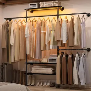 87"W Industrial Pipe Clothing Racks with LED Lights & Open Shelves,Reversible Sturdy Walk-in Closet Oraganizer System Garment Wardrobe Rack