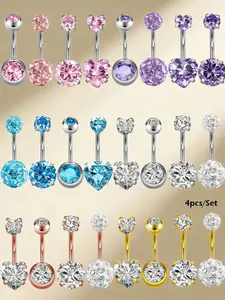 Cubic Zirconia Belly Button Ring Set, Stainless Steel 14g Heart Design Belly Piercing Jewelry, Rhinestone Belly Ring, Perfect for Women Party Wear, Holiday Gift