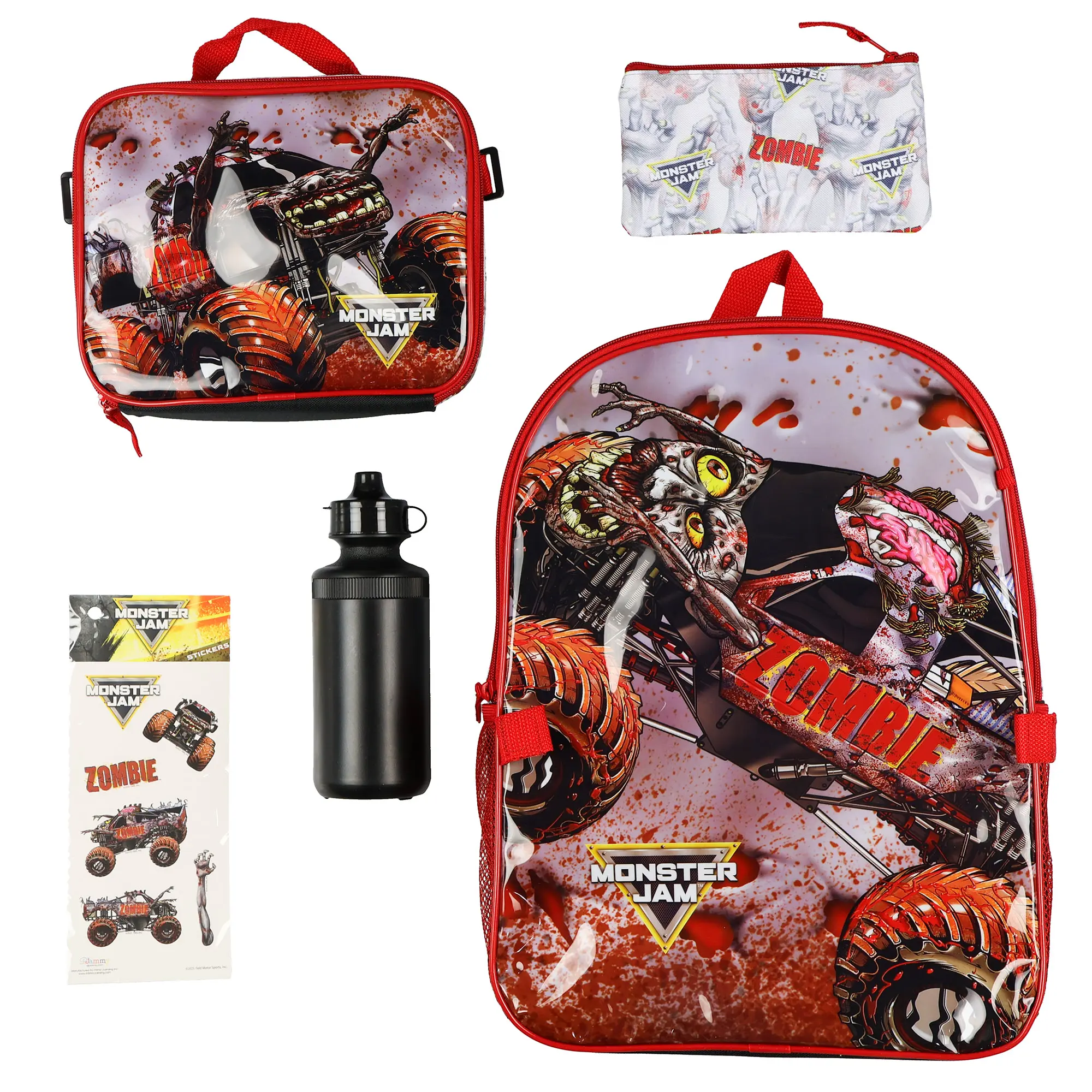 Monster Jam Zombie 5-Piece 16" Backpack Set with Detachable Insulated Lunch Box Book Bag