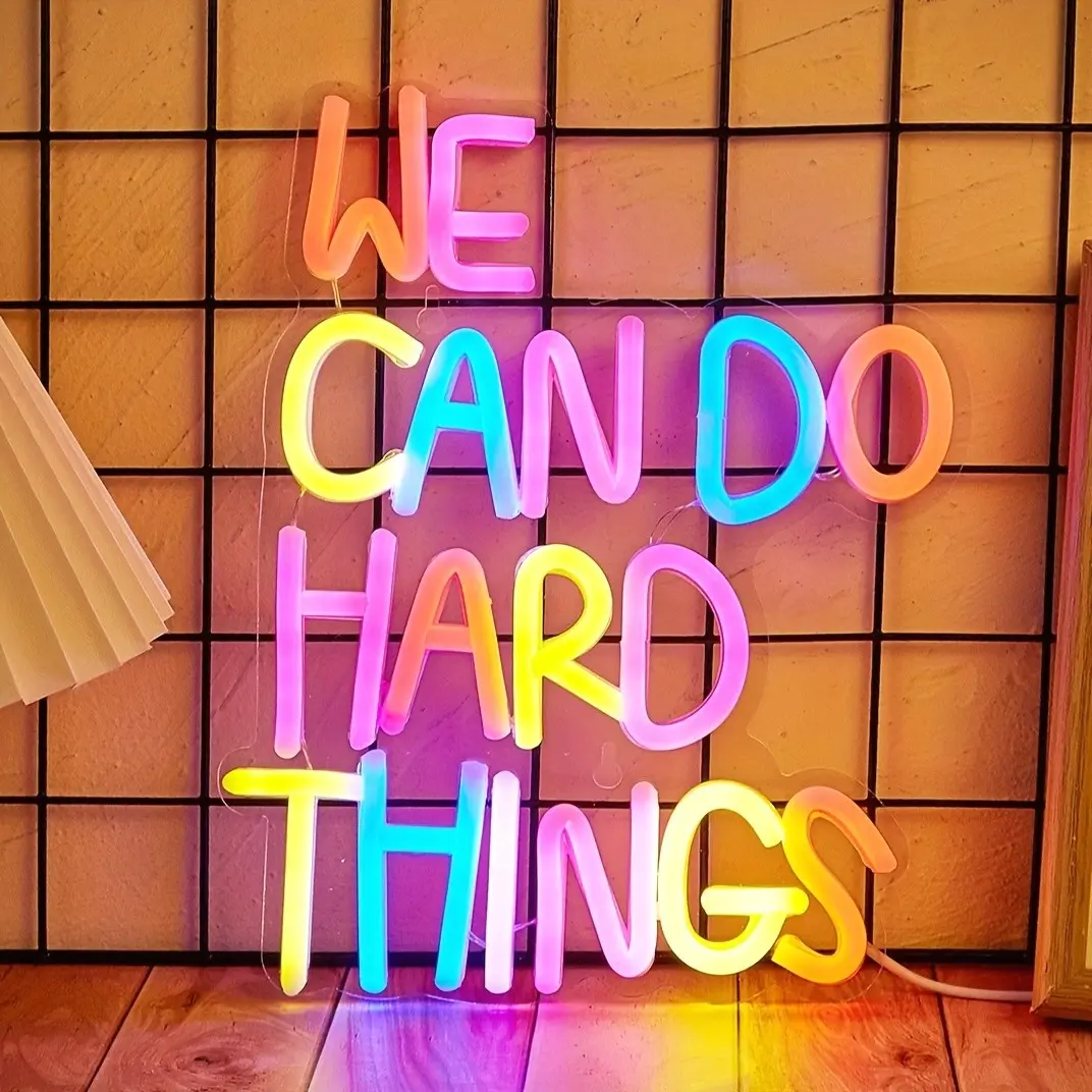 We Can Do Hard Things LED Neon Sign - USB Powered Decorative Plastic Neon Wall Hanging with Switch Control for Bedroom, Wedding, Party, Multipurpose Room Decor, Led Light Letters, Led Neon Lights - Metal Finish, Non-Wireless
