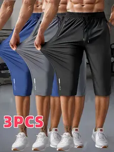 Men's Ice Silk Comfortable Breathable High Elasticity Seven-Inch Pants, Drawstring Waist, Zipper Pockets, Outdoor Running Fitness Casual Wear