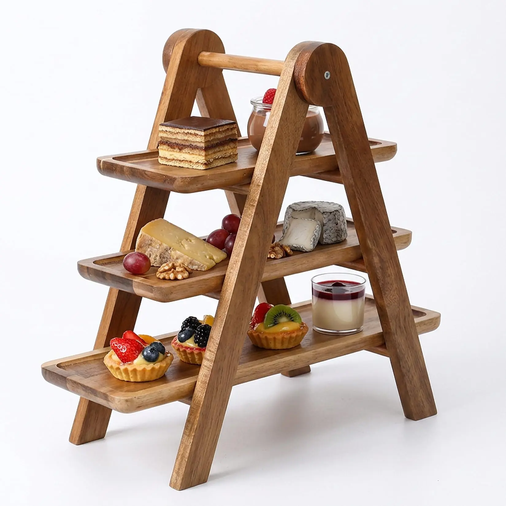 Space-Saving 3-Tier Collapsible Wooden Serving Tray Rack – Rustic Display Stand with Handle, Detachable Deli Platter Board – Durable Multi-Functional Kitchen Organizer for Counter, Dessert hand weight backyard decor metal structure crank compatible