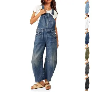 FMEYOA Womens Denim Bib Overalls Barrel Leg Adjustable Strap Jean Pants Jumpsuits with Pockets Minimalist Basic Sleeveless Trouser Style