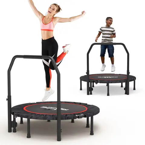 RELIFE 48x48x44 inch Foldable Exercise Trampoline - Adjustable Handle Bar, Waterproof, Stay-On Fold Pad, PP Mesh, Anti-Slip Silent Rubber Tubes, Easy to Assemble & Store Unisex Indoor Fitness Equipment for Trampoline Workouts, Trampoline Workout