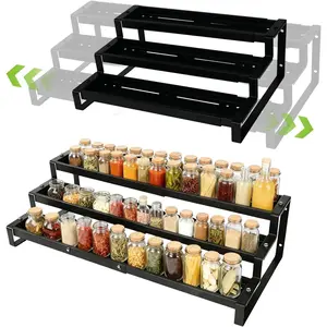 3-Tier  Rack Organizer for Cabinet, Expandable Kitchen Organizer 14.4 to 26.1 Inch Seasoning & Pantry Organizer for Countertop, Metal Non-Skid Step Storage Shelf for Condiments, Oils, Cans, Jars