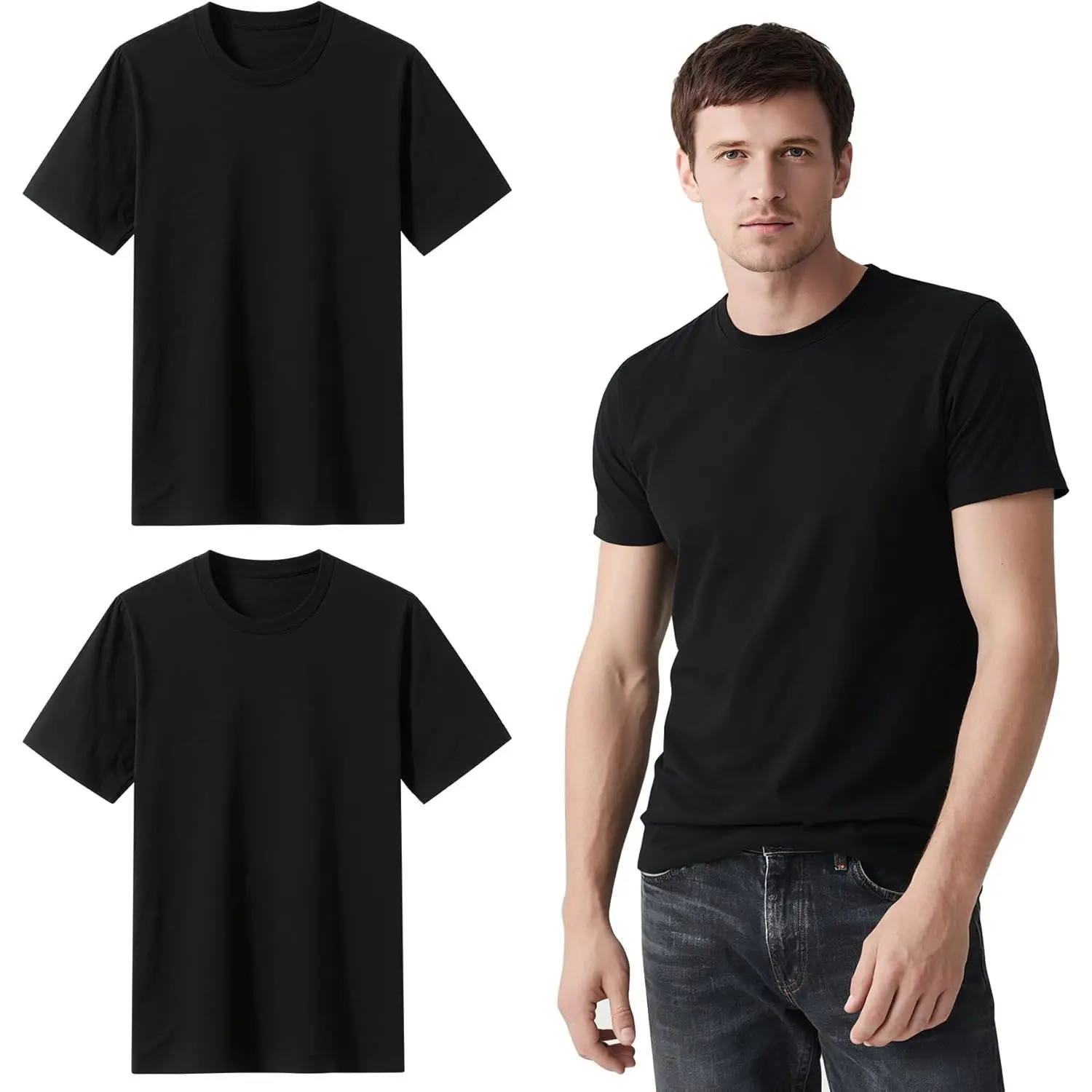 Men's 2 Pack Black Crew Neck T-Shirts, Soft Elastic Short Sleeve Polyester Undershirt, Blank Apparel for DIY & Customized Designs, Shortsleeve, Menswear, Fabric, Thermal