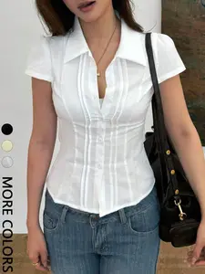 Stylish Slim-Fit Button-Down Shirt - Short-sleeved, fitted top, suitable for everyday office and casual wear.