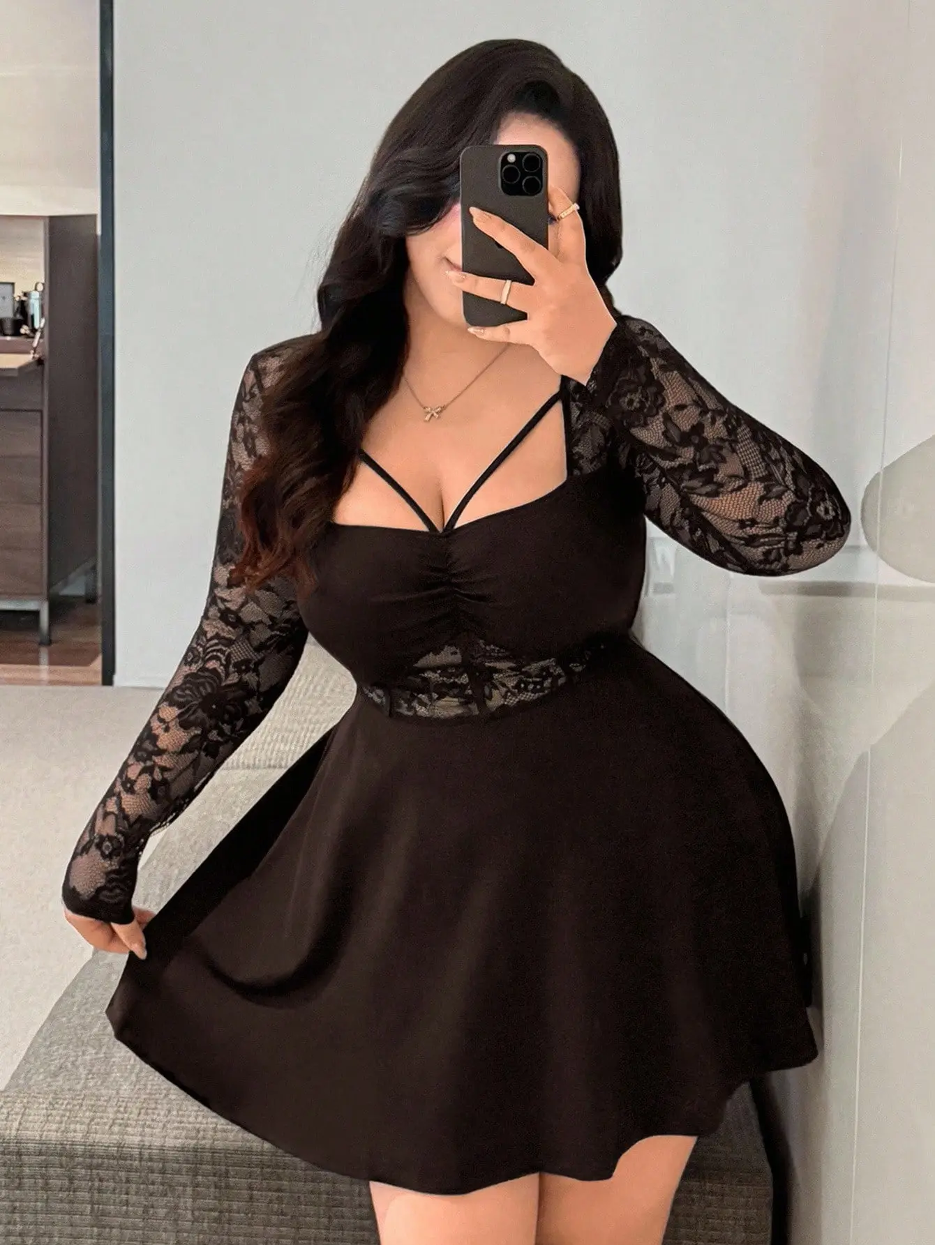 Vibekara Plus Size Women's Black Lace Patchwork A-Line Dress | Elegant  Vintage Long Sleeve Party & Wedding Guest Dress - TikTok Shop