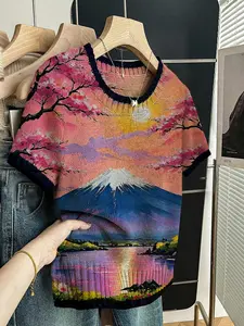 Women's Colorful Sunlight Sakura Fuji Mountain Print Knit Sweater T-Shirt, Round Neck Short Sleeve, Casual Breathable Knitwear for Spring Summer Fall