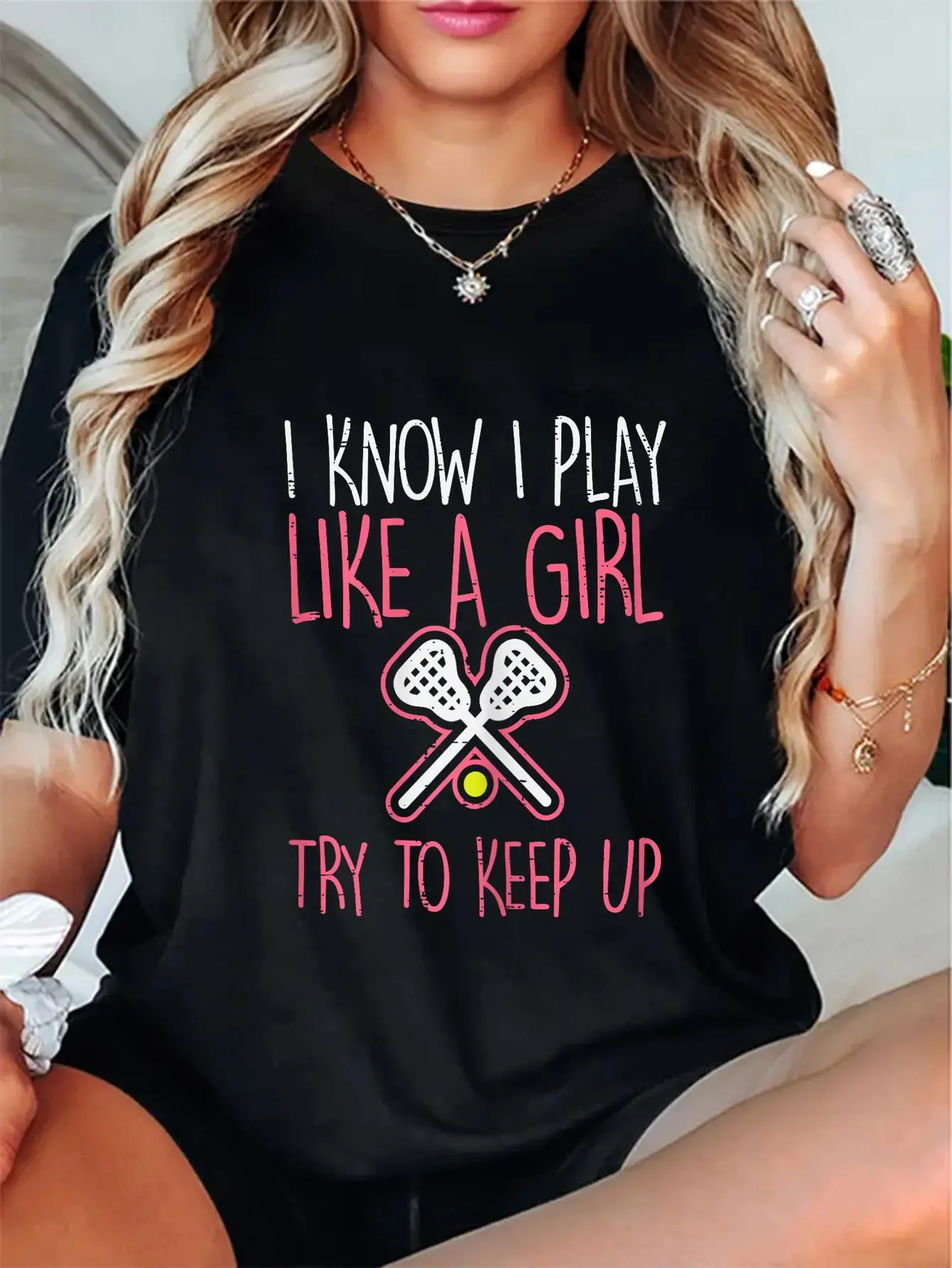 Women's 100% Cotton Short-Sleeve Lacrosse Tee - Unisex Round Neck Digital Print Top with Soft Fabric, Flattering Fit, Empowering Text "I Know I Play Like A Girl", Casual Style, Check Size Chart, All Seasons Gift for Lacrosse Players, Shortsleeve, Cute, Ev
