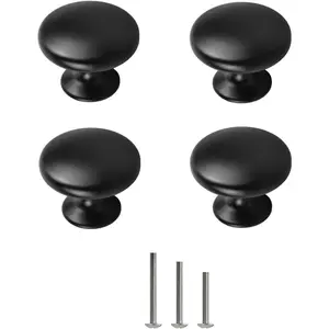 4X Matt Black Cabinet Hardware Round Mushroom Knob Drawer Handles 30mm/1.18" for Kitchen Cupboard Furniture Chest Door Dresser Bathroom