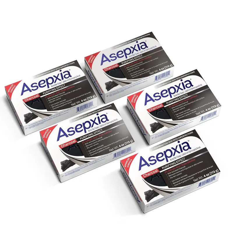 Asepxia Activated Charcoal Acne Treatment Bar Soap - 5 Pack, 4 oz Each, Salicylic Acid, Cleanser for Oily Skin, Pore Purifying, Oil Control, Deep Cleaning Acne Treatments