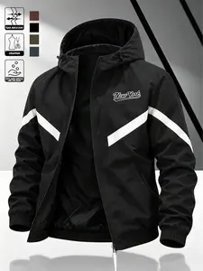 Men's Streetwear Hooded Jacket, Wind-Resistant Durable Fabric, Lines & Chest Print, Fitted Neckline, All-Season Casual Wear