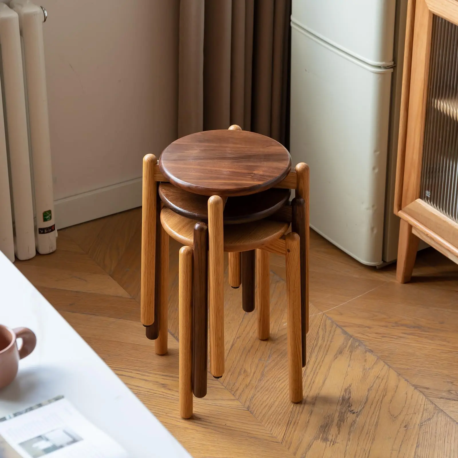 Wayshome 100% Solid Oak Round Wooden Stool, Stackable Stools with Anti-Slip Foot Pads, Small Vanity Stools for Living Room,Dining Room, Kitchen, Classroom 15.35" Dx15.35 Wx16.73 H, Natural/Walnut