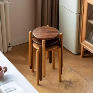 Wayshome 100% Solid Oak Round Wooden Stool, Stackable Stools with Anti-Slip Foot Pads, Small Vanity Stools for Living Room,Dining Room, Kitchen, Classroom 15.35" Dx15.35 Wx16.73 H, Natural/Walnut