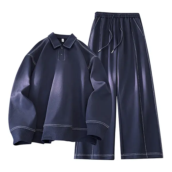 Men's Black Leather Sports Set - Polo Collar Top Wide Leg Pants Two-Piece, Urban Fashion and Active Lifestyle, ComfortStretch, WardrobeEssential, VersatileWear, TrendyLook, RelaxedStyle, ComfortFit