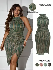 Women's Plus Size Halter Neck Midi Dress Ruched Bodycon Slit Hem Shiny Metallic Elegant Evening Party Wedding Guest Cocktail Trendy