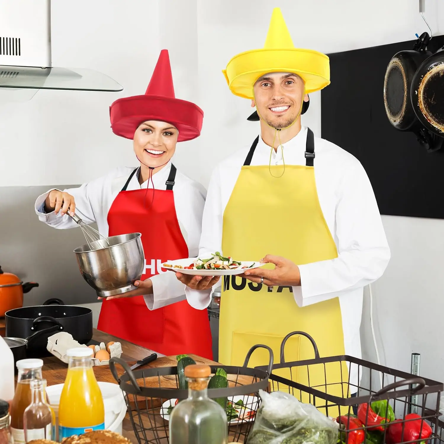 2 Set Halloween Ketchup and Mustard Costumes for Adults Costumes for Couples Ketchup and Mustard Condiment Aprons and Hats Couples Outfits Apparel Accessories for Halloween Cosplay Dress up