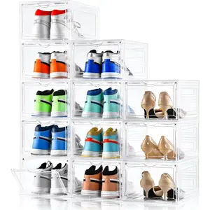 Upgraded xlarge shoe organizershoe storage organizer12 packshoe box clear plastic stackabledrop front shoe box with clear door shoe containers for sneaker displayfit up to us size12