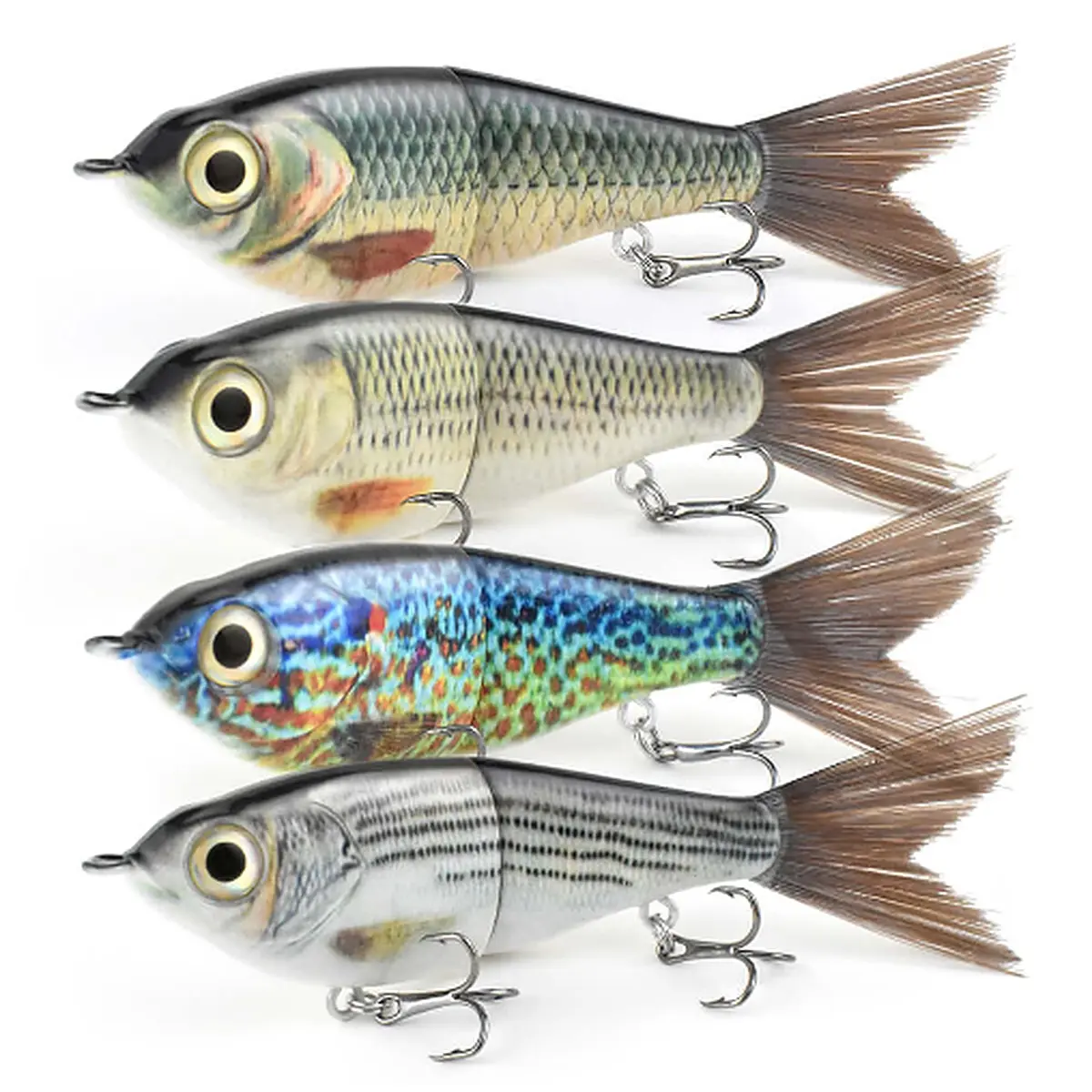 2-Section Glide Shad Jointed Hard Swimbait, Fiber Tail Glide Bait with Steel Rattle, 3D Eyes and Treble Hooks, Bass Pike Musky Fishing Lure, Mix and Match 4-Pack