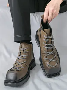Men Classic European Style Square Toe Fashion Boots Thick Sole Short Booties with Side Zipper Punk Rock Motorcycle Boots