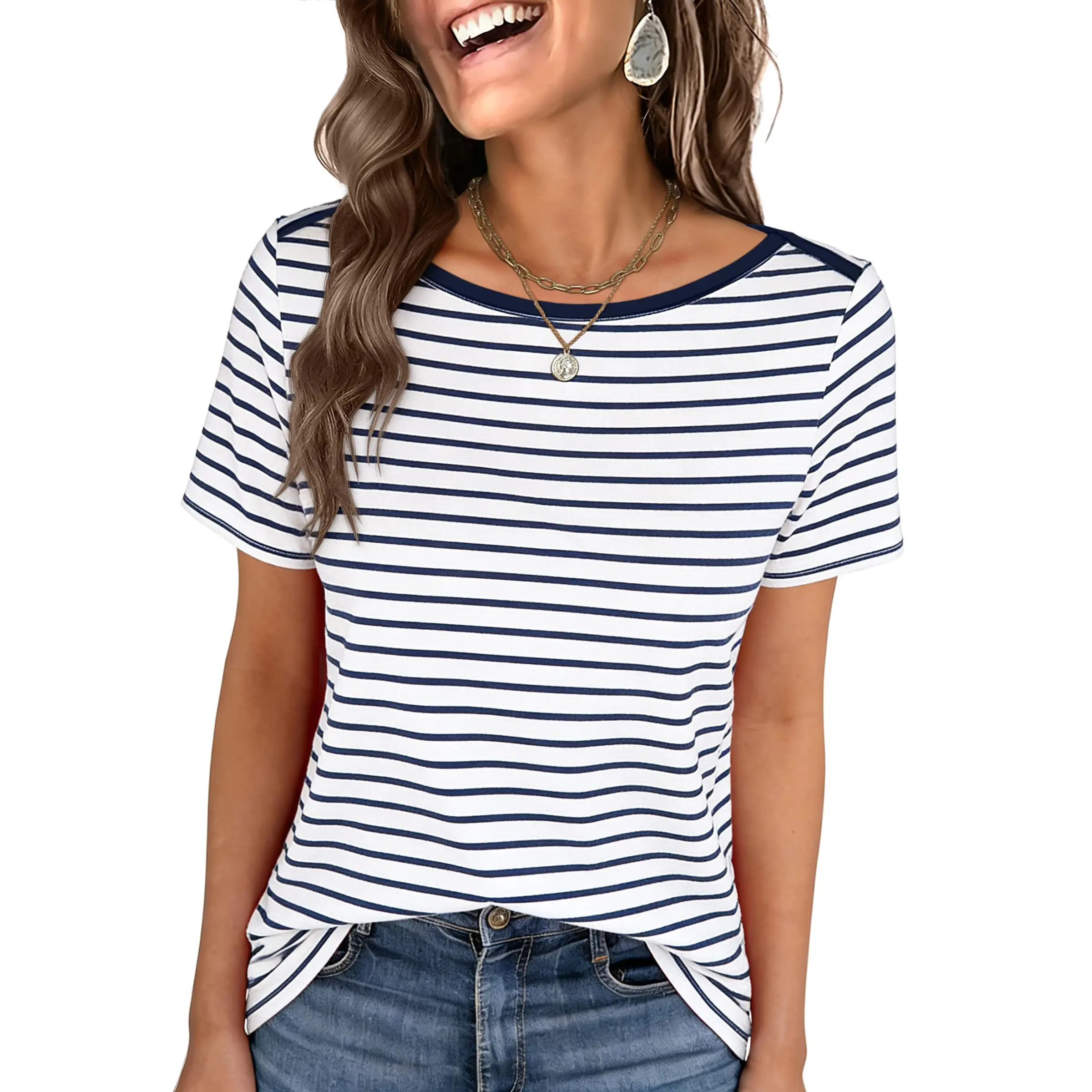 ANRABESS Womens Boat Neck Tops Short Sleeve Casual Fashion T-Shirts Tee Shirts 2026 Summer Spring Outfit