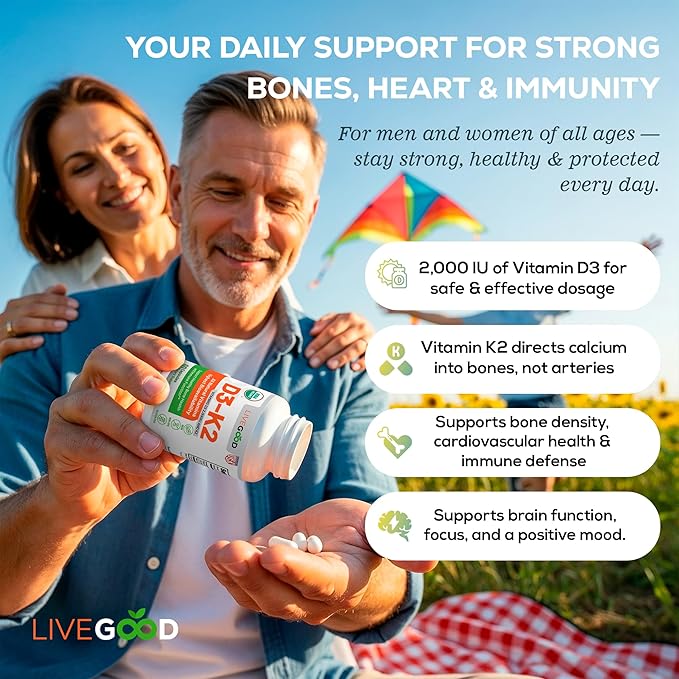 LiveGood Vitamin D3 + K2 Supplement – All Natural Bone, Muscle & Immune Support System – Non-GMO, Gluten-Free – 60 Easy-to-Swallow Capsules LiveGood Vitamin D3 + K2 Supplement – All Natural Bone, Muscle & Immune Support System – Non-GMO, Gluten-Free – 60 Easy-to-Swallow Capsules