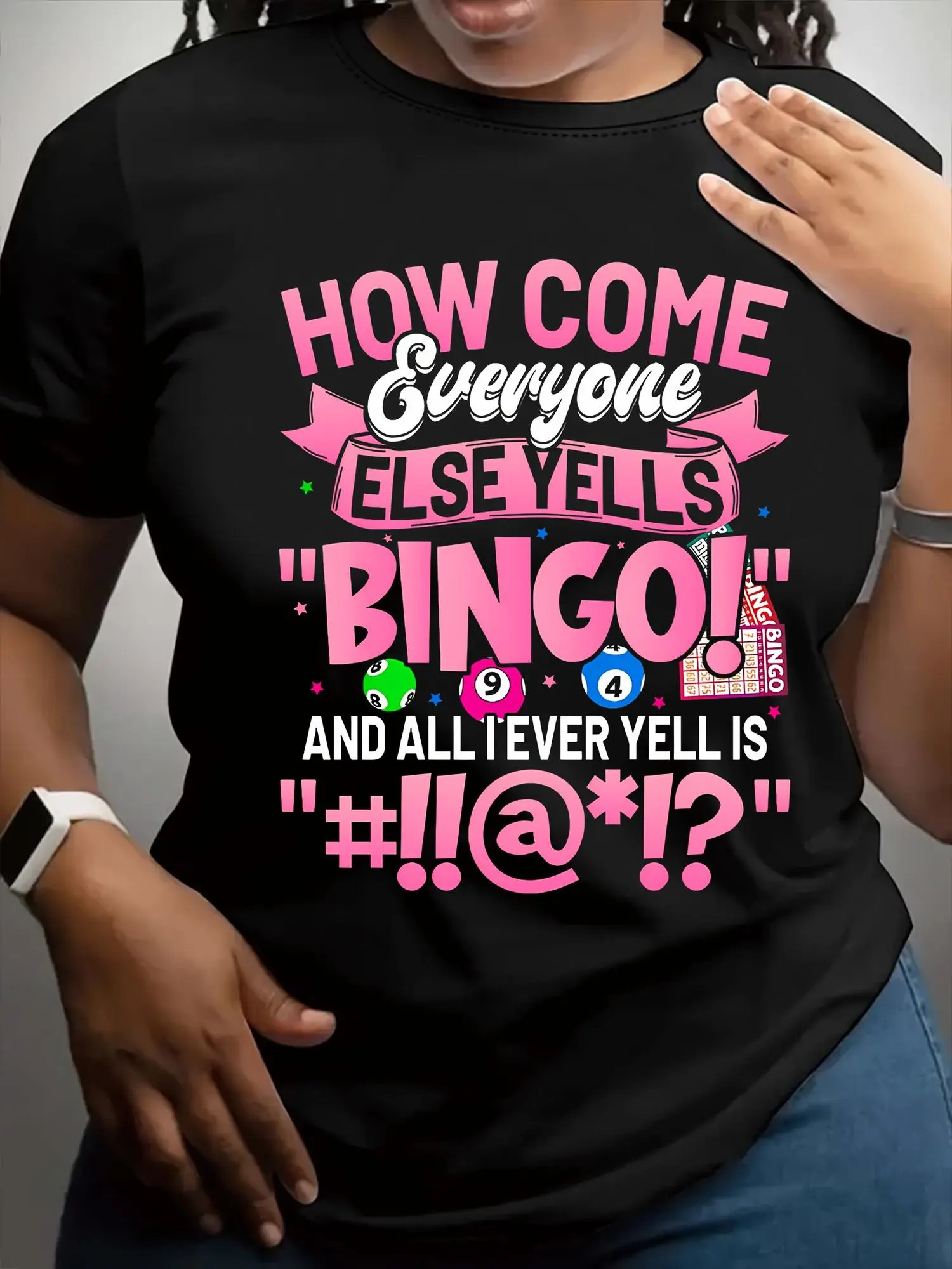 Plus-Size Women'S "BINGO" Graphic T-Shirt - Black, Short-Sleeved, Round Neck, Featuring Vibrant Letter Designs Along with a Fun Bingo Game And Bubble Text Design, Made from Soft Fabric, Regular Fit, Machine Washable, Suitable for All Seasons