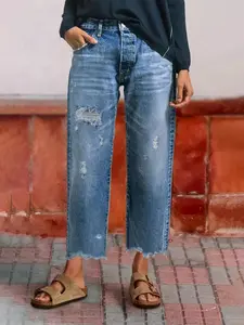 Women's Washable Elastic Fabric Frayed Hem Ripped Loose Straight Denim Capri Pants, Casual Summer, All-Season Wear