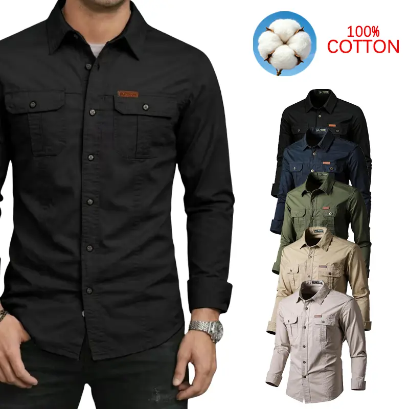 Men’s casual long-sleeve work shirt, versatile solid-color button-up top suitable for outdoor activities; men’s long-sleeve work shirt for outdoor leisure, menswear
