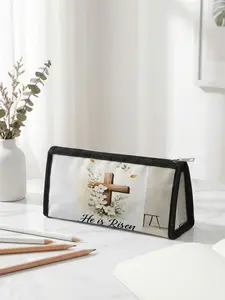 1 piece of Easter limited edition pencil case with 2D printed wooden cross + floral decoration design, ergonomic triangular capacity for portable size|Perfect for students in class/office organization, blending festive atmosphere with practicality