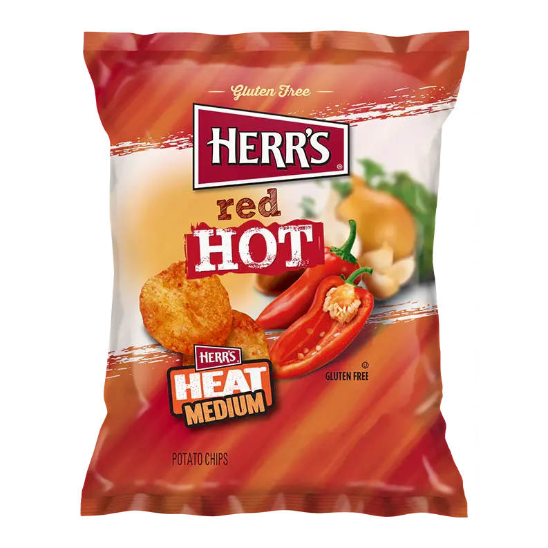 Herr's Red Hot Medium Heat Potato Chips - Bold Crispy Snack with Spicy Blend of Spices Gluten Free 1 Pack