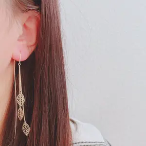 Leaf Earrings Gold, Bridal Chandelier Gold, Threader Earrings, Long Earring Hoop, Hoop Earrings Dangle, Geometric Earrings Gold, Gauge Plugs