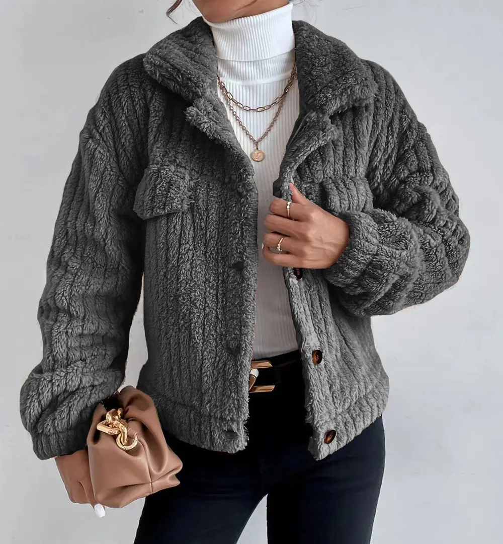 YESFASHION Women's Faux Sherpa Shearling Fleece Shacket - Button-Down, Collar, Drop Shoulder, Flap Pocket, Cropped, Warm Cozy Outerwear for Fall Winter Layering, Casual Streetwear, Dark Grey Charcoal, S-XL XYZ