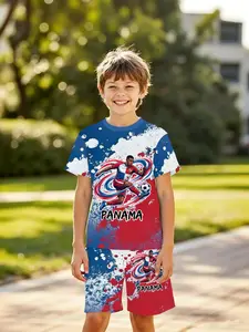 Panama National Team Soccer Theme Set, Boys' Breathable Quick-Dry Short Sleeve Athletic Shorts Two-Piece Set, Sports Suit, Fashion Outdoor Sports, Birthday Gift, Holiday Gift
