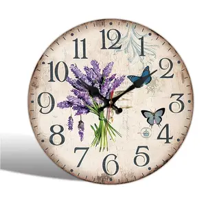 1pc Round Clock, Purple Lavender and Butterfly Theme Design Wall Clock, Silent Quartz Round Glass Clock, Suitable for Bedroom, Living Room, Office, Kitchen, Bathroom, Battery Operated (Batteries Not Included)