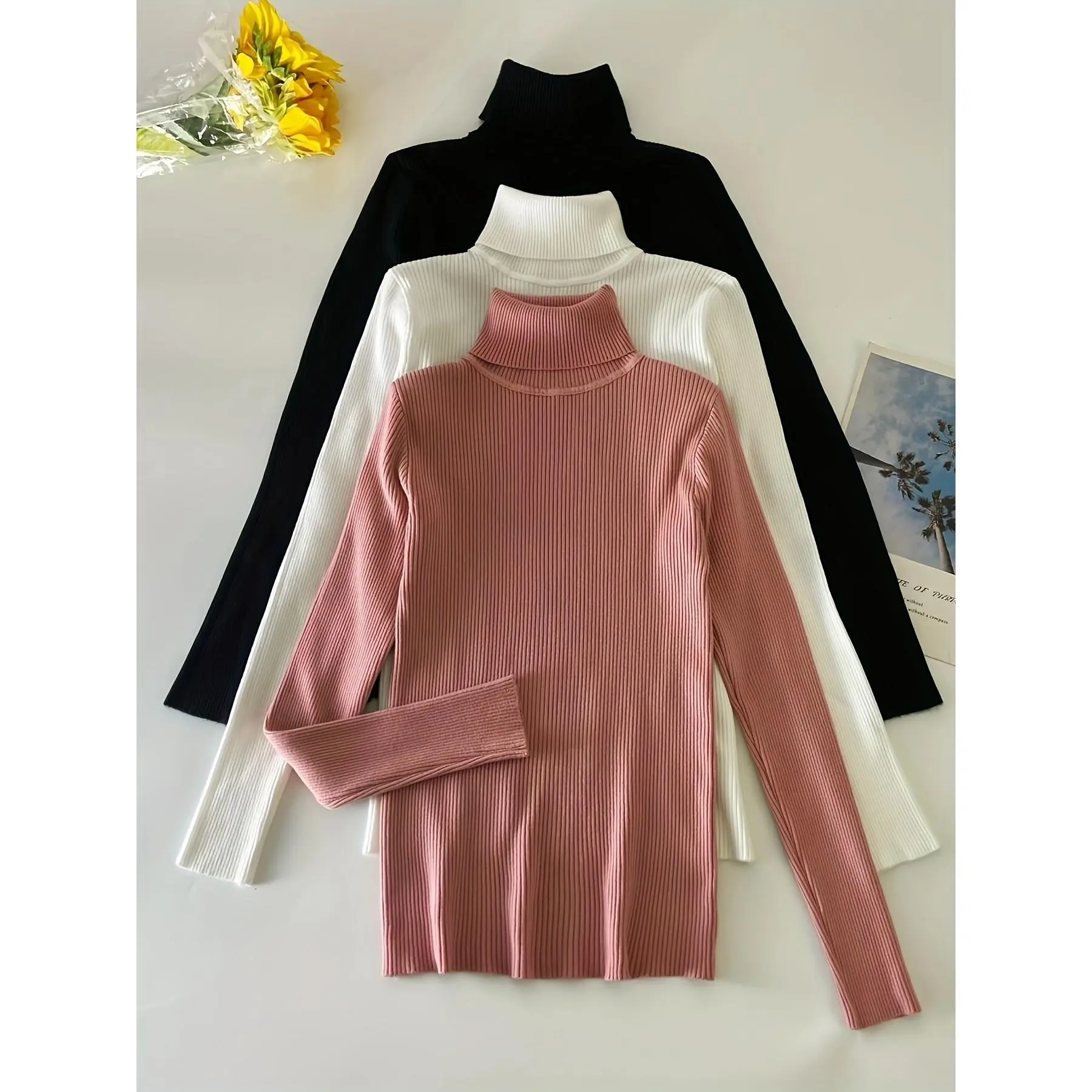 Women's 3-Pack Long-Sleeve Knitted Turtleneck Pullover Sweaters - Solid Color, Casual Fall Winter Basic High-Neck Clothes