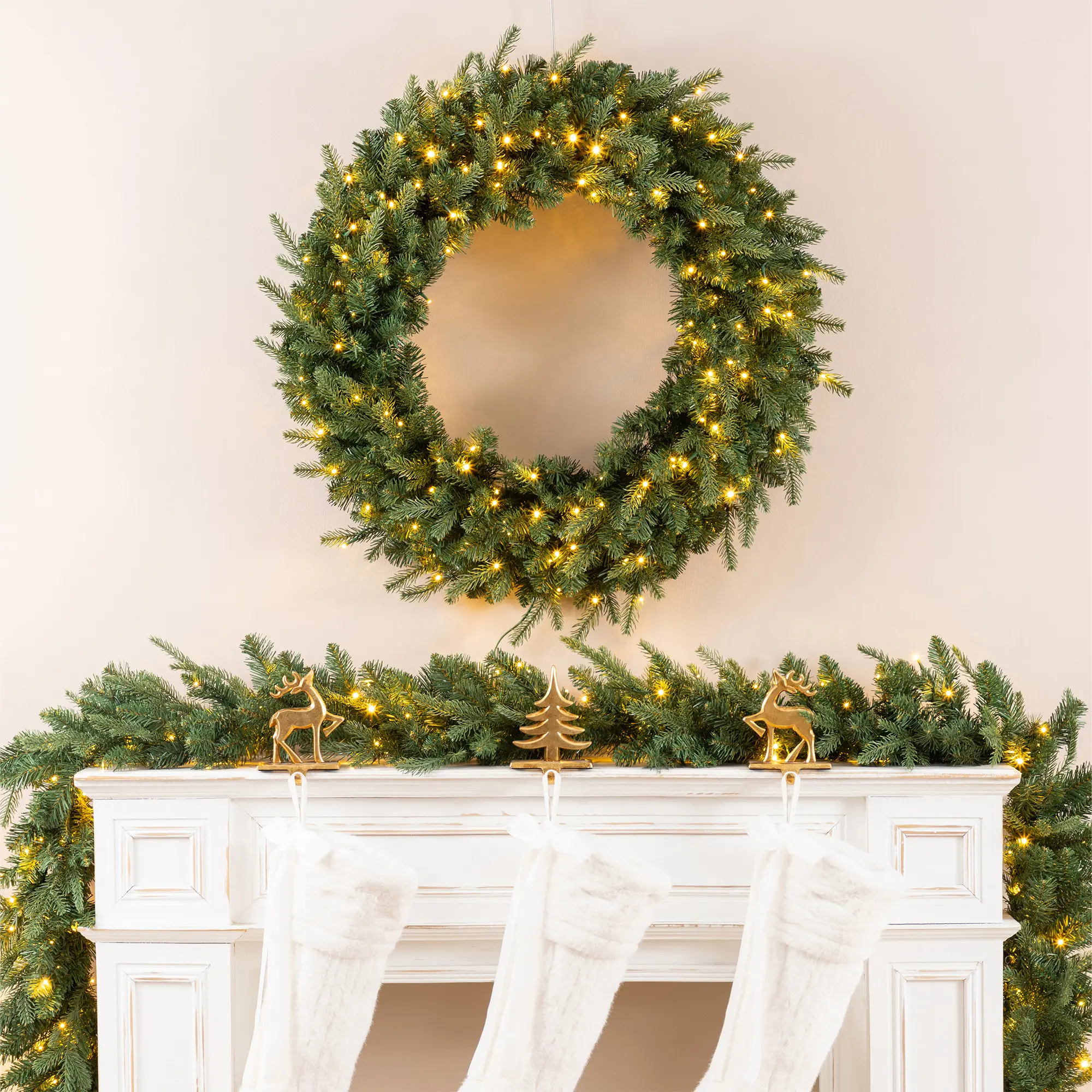 Glitzhome 32" Pre-Lit Wreath & 9ft/12ft Garland Set - Flashing Lights, 10-Mode White/Multi-Color
