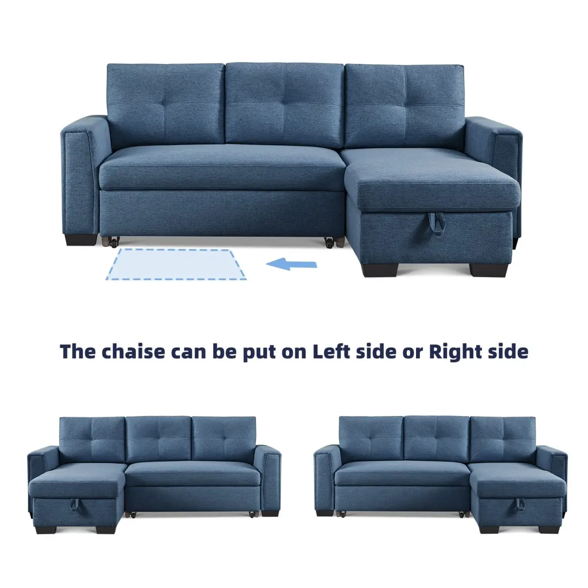American Furniture Classics Tufted Convertible Sleeper Couch Futon Sleeper Sofa with Storage-in-Chaise Sectional, Blue Small Space Indoor Furniture (Model SS2791P-BUSS)