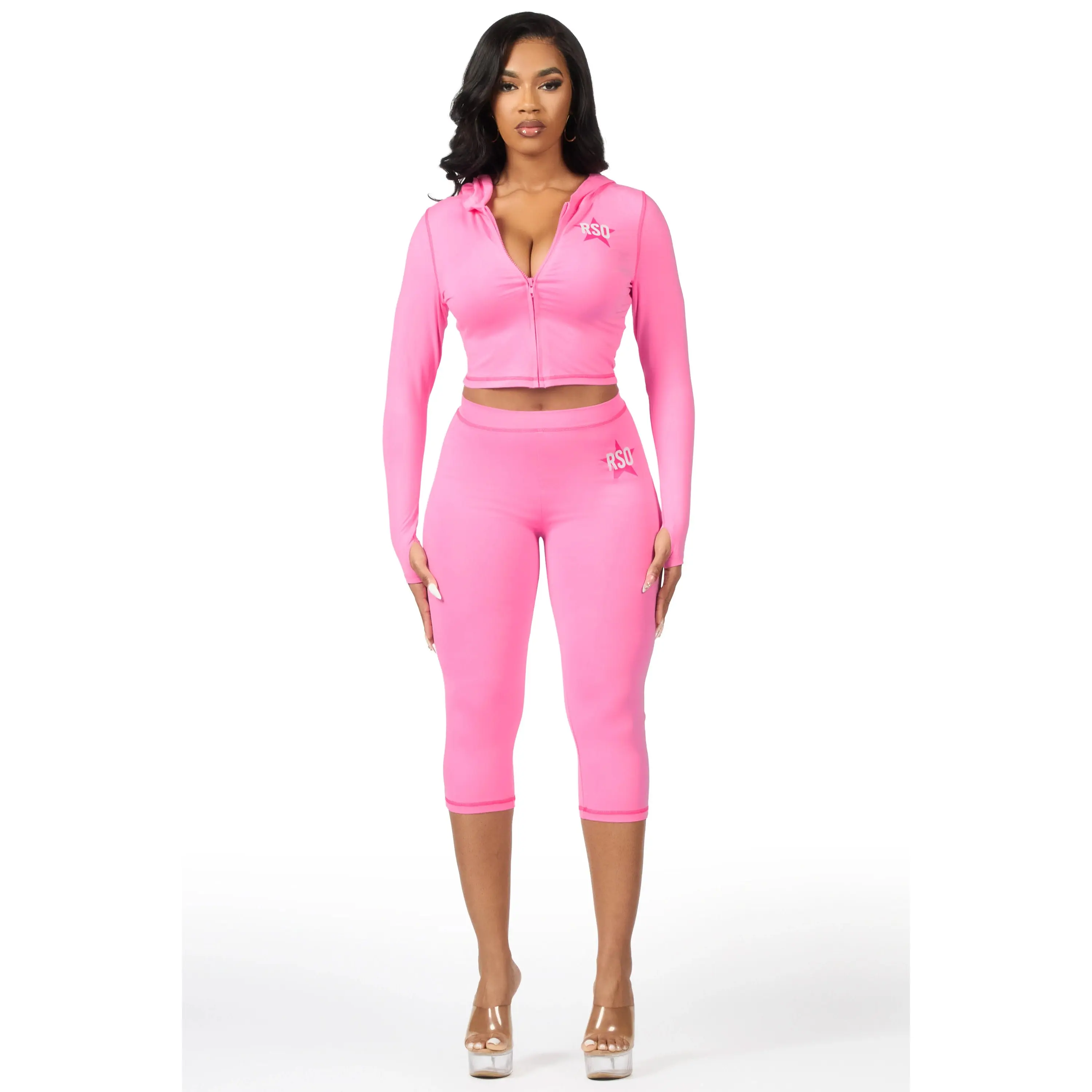 Sharina Pink Zip Up Capri Set Sharina Pink Zip Up Capri Set