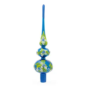 Blue Flowers on Glossy Blue Mouth Glass Christmas Tree Topper 12.5 Inches