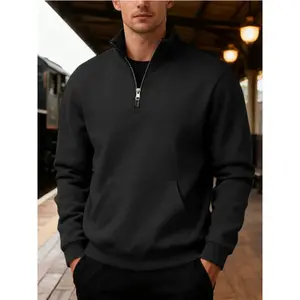 Men’s heavy-weight fleece quarter-zip sweatshirt for spring and fall, casual loose fit long sleeves, plain design with large pockets GARMENTARY